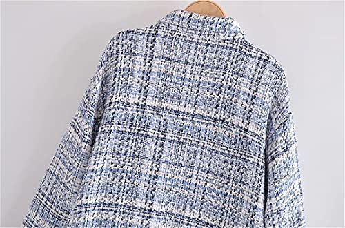 Camisa de Textura a Cuadros de un Solo Pecho Estilo Fragancia pequeña para Mujer Bolsillo de Chaqueta de Solapa Suelta Blue XS
