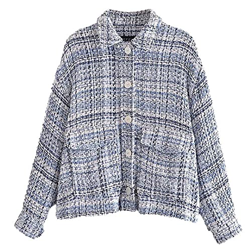 Camisa de Textura a Cuadros de un Solo Pecho Estilo Fragancia pequeña para Mujer Bolsillo de Chaqueta de Solapa Suelta Blue XS