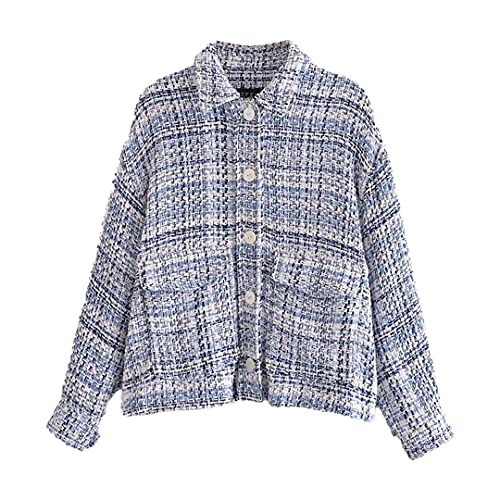 Camisa de Textura a Cuadros de un Solo Pecho Estilo Fragancia pequeña para Mujer Bolsillo de Chaqueta de Solapa Suelta Blue XS