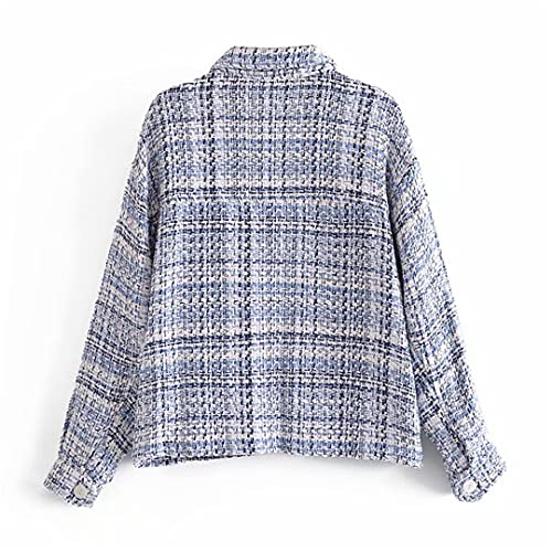 Camisa de Textura a Cuadros de un Solo Pecho Estilo Fragancia pequeña para Mujer Bolsillo de Chaqueta de Solapa Suelta Blue XS