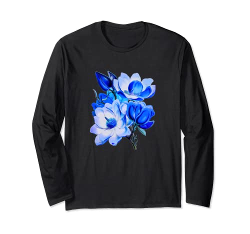 Camisa estética hermosa azul magnolia flor floral amante Manga Larga