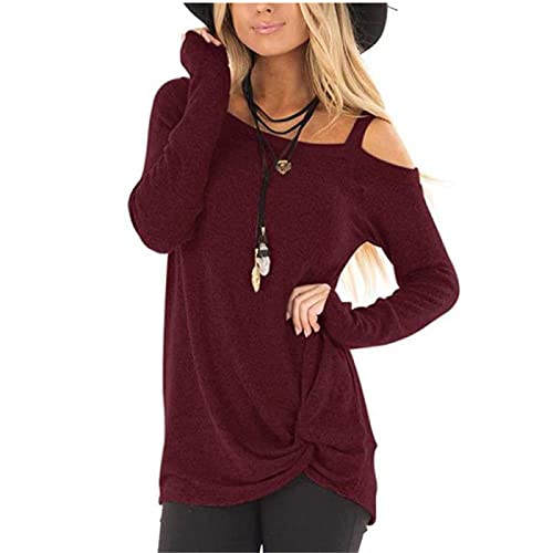 Camiseta Informal De Otoño para Mujer, Túnica De Manga Larga con Abertura Lateral, Blusa Suelta para Mallas Vino Tinto+XXL