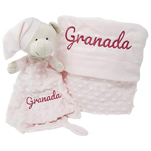 Canastilla Bebé Personalizada - Velvet Dou dou de Mababy - Manta Coralina y Dou dou Osito, Personalizados con el nombre del Bebé y Set de primera puesta de 3 piezas - Regalo Recién Nacido. (Rosa)