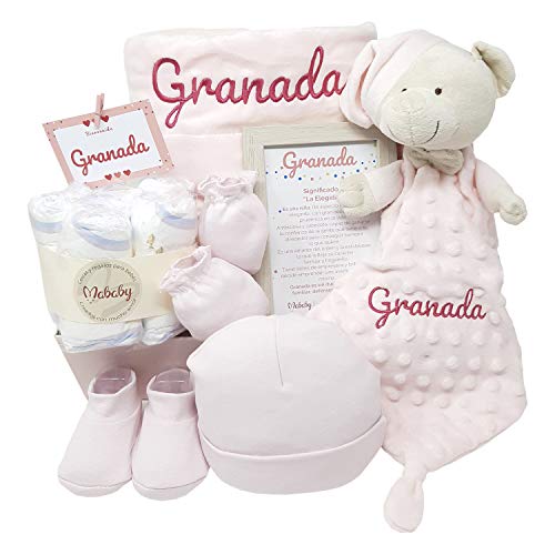 Canastilla Bebé Personalizada - Velvet Dou dou de Mababy - Manta Coralina y Dou dou Osito, Personalizados con el nombre del Bebé y Set de primera puesta de 3 piezas - Regalo Recién Nacido. (Rosa)