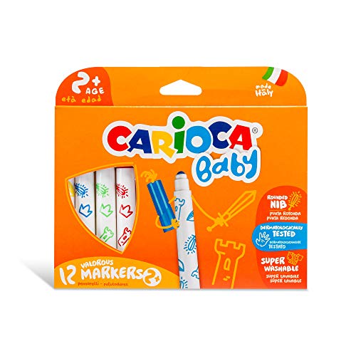 Carioca Baby Valorous Markers 2+ | Rotuladores Super Lavables para Bebés a Partir de 2 años, Punta Redondeada y Colores Surtidos, 12 Uds.