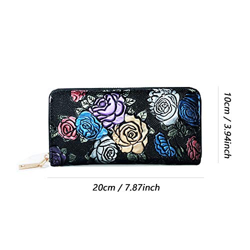 Cartera de Mujer de Gran Capacidad de Cuero de Mujer,diseño Vintage Monedero con Motivo de Flores étnicas y floración,Minimalista con Bolsillo de Cremallera para Monedas,Rosa