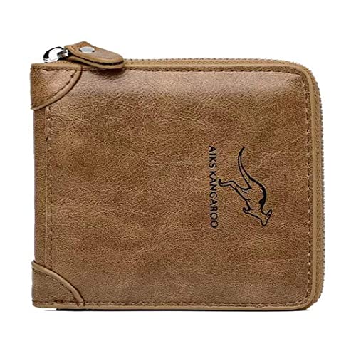 Carteras para Hombre , Piel Monedero con RFID Bloqueo ,Cartera de Tarjetas de Crédito con Cremallera， Tarjeteros para Tarjetas de Credito，6 Ranuras para Tarjetas de Crédito（Caqui）