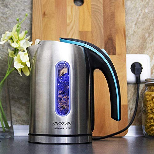 Cecotec Hervidor de Agua Eléctrico ThermoSense 270 Steel. 1,7 litros, Libre de BPA, 2200 W de Potencia, Base 360º, Filtro Antical Desmontable, Doble Sistema de Seguridad, Acero Inoxidable