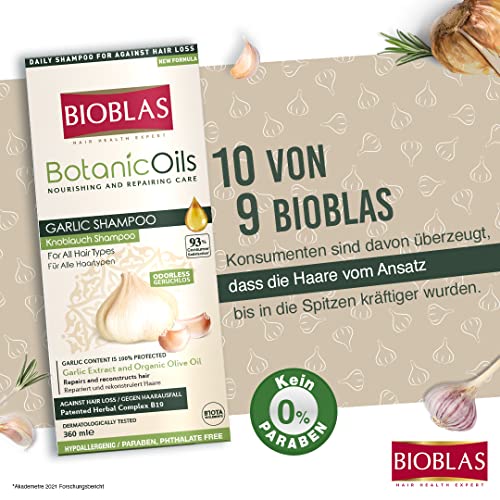 Champú de ajo de Bioblas Botanic Oils, inodoro, y dermatológicamente probado, anticaída del pelo, acelera el crecimiento y reduce la pérdida de pelo, para mujeres y hombres, con aceite bio, 360 ml