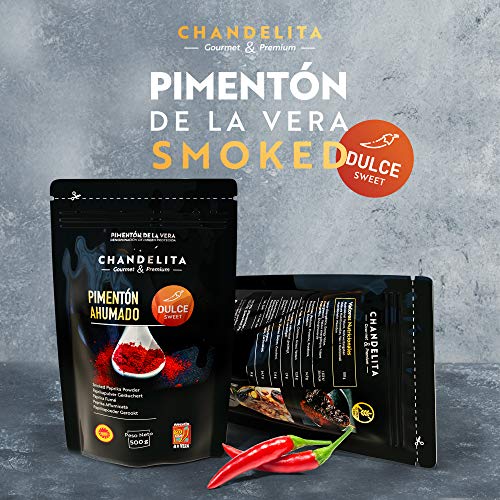 CHANDELITA Pimentón de la Vera Dulce Ahumado en Polvo en Bolsa de 500gr con la Denominación de Origen Protegida - Especias y Condimentos. Gourmet & Premium - 100% Pimenton