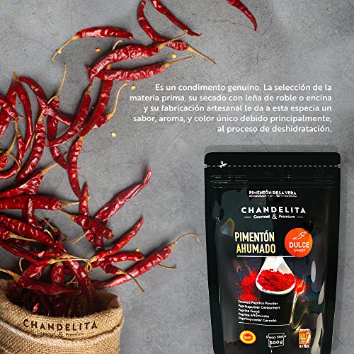 CHANDELITA Pimentón de la Vera Dulce Ahumado en Polvo en Bolsa de 500gr con la Denominación de Origen Protegida - Especias y Condimentos. Gourmet & Premium - 100% Pimenton