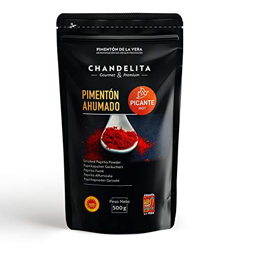 CHANDELITA Pimentón de la Vera Picante Ahumado en Polvo en Bolsa de 500gr con la Denominación de Origen Protegida - Especias y Condimentos. Gourmet & Premium - 100% pimenton