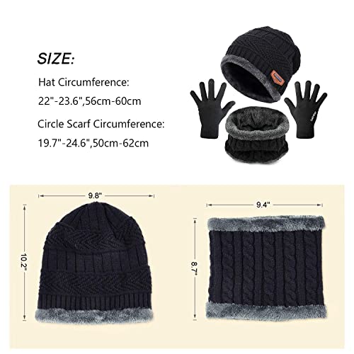 CheChury Bufanda Gorro Guantes Beanie Unisexo Set de Bufanda Conjunto de Guantes Táctiles Antideslizante Punto Sombreros Invierno Regalos Hombre Mujer,Negro,Onesize