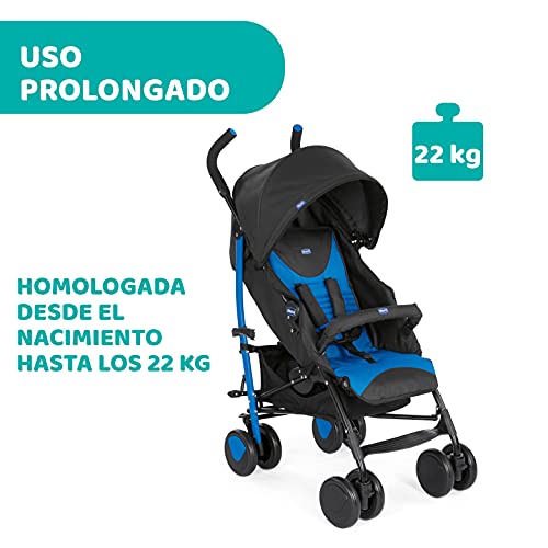 Chicco Echo Silla de Paseo Ligera y Plegable desde 0 Meses hasta 22 Kg, Carrito Bebé Compacto y Reclinable con Apoyabrazos, Posición para Dormir, Cierre Paraguas y Parasol Ajustable - Azul (Mr. Blue)