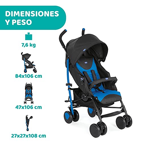 Chicco Echo Silla de Paseo Ligera y Plegable desde 0 Meses hasta 22 Kg, Carrito Bebé Compacto y Reclinable con Apoyabrazos, Posición para Dormir, Cierre Paraguas y Parasol Ajustable - Azul (Mr. Blue)