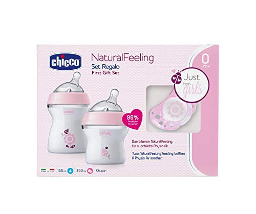 Chicco Naturalfeeling, Set de Regalo con 2 Biberones para Recién Nacido + Chupete 0 M+, Rosa