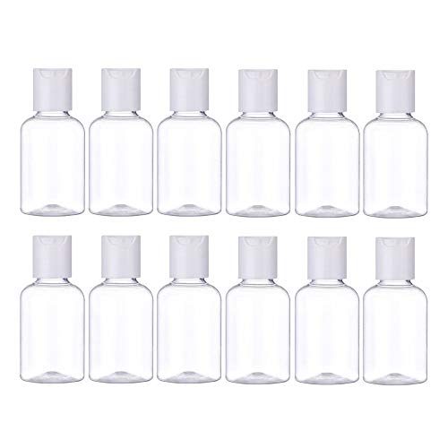 Chilits 12 botellas de viaje de 50 ml con dispensador de botellas de loción de plástico transparente vacías, botellas de muestra con tapa abatible para gel de ducha emoliente