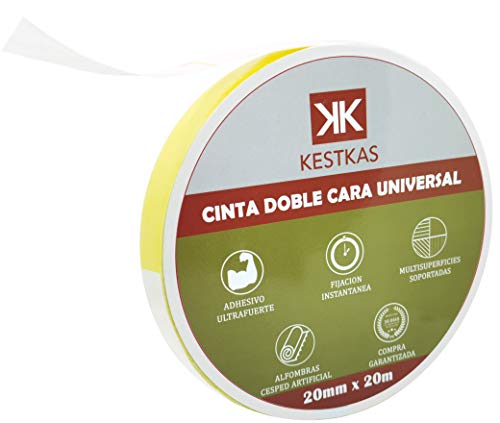 Cinta Adhesiva Doble Cara Fuerte Fijación 20mm x 20m KESTKAS Múltiples aplicaciones - Alfombras - Tejidos - Cristal - Madera - Pared - Plástico - Metal - No deja residuos