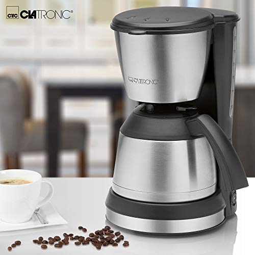 Clatronic KA 3563 - Cafetera eléctrica de goteo automática con jarra termo, máquina café de filtro capacidad 8 a 10 tazas, 1,2 litros, función de mantenedora calor, 870 W, negro y plata