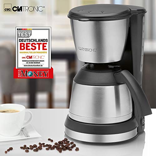 Clatronic KA 3563 - Cafetera eléctrica de goteo automática con jarra termo, máquina café de filtro capacidad 8 a 10 tazas, 1,2 litros, función de mantenedora calor, 870 W, negro y plata