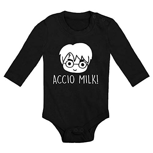 ClickInk Body bebé Accio milk. Regalo bebé. Regalos para bebés. Regalo divertido. Regalo original. Bebé friki. Regalo friki. Body friki. Body bebé algodón. Manga larga. (Negro, 3 meses)