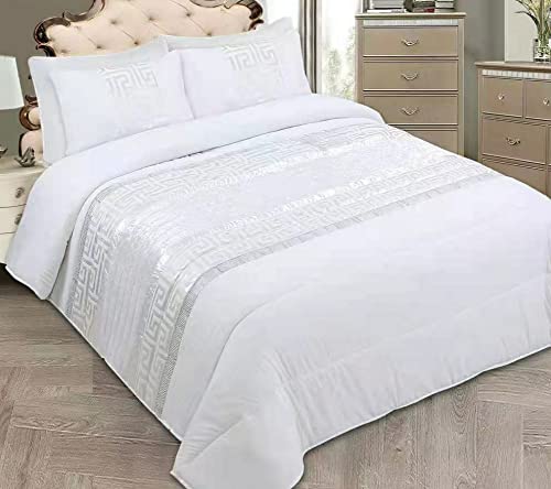 Colchas Bouti Cama 135/150-Cubrecama Ligera Relleno 200gr/Decorativa con Fundas Almohadas, Moderna Elegante para Hogar Hostelería Regalos(Blanco con Brillo, 240x260cm)