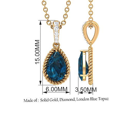 Colgante solitario de topacio azul Londres de 2,50 quilates en engaste de 3 puntas con engarce de diamante y marco de cuerda trenzada (topacio azul Londres en for, 14K Oro blanco, Con cadena