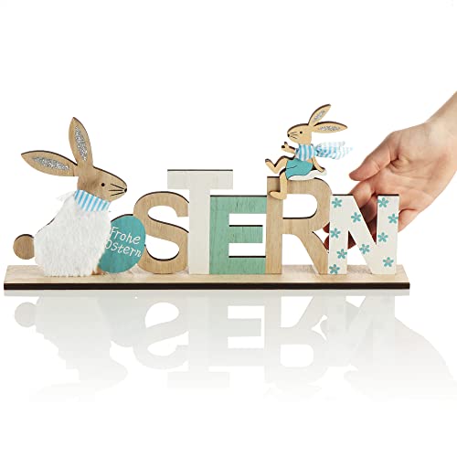 com-four® Expositor Decorativo para Pascua - Letras con conejitos de Pascua - Bonito Adorno de Pascua para Colocar - Decoración de Pascua de Madera (1 Pieza - Azul)