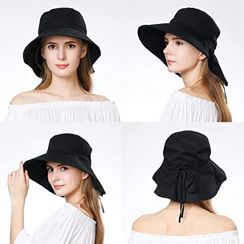 Comhats - Sombrero de verano para mujer, UPF 50, con ala ancha que protege hasta el cuello y correa de barbilla Negro 1005_Negro M