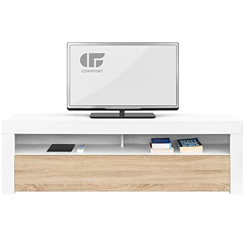 COMIFORT Mueble de TV - Mesa de Salón de Estilo Moderno con Puerta Abatible con Estantes de Gran Almacenaje, Muy Resistente, Fabricada en Europa, Color Blanco y Roble