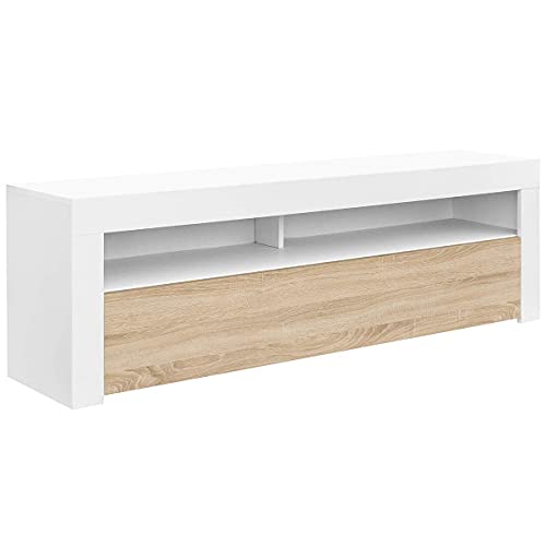 COMIFORT Mueble de TV - Mesa de Salón de Estilo Moderno con Puerta Abatible con Estantes de Gran Almacenaje, Muy Resistente, Fabricada en Europa, Color Blanco y Roble