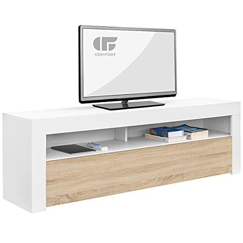 COMIFORT Mueble de TV - Mesa de Salón de Estilo Moderno con Puerta Abatible con Estantes de Gran Almacenaje, Muy Resistente, Fabricada en Europa, Color Blanco y Roble