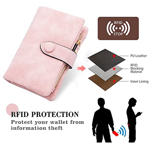 Conisy Cartera Pequeña Mujer con protección RFID,Gran Capacidad Corta Monedero de Suave Cuero con Correas de Muñeca (Rosa)