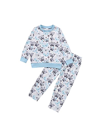 Conjunto de pijama con estampado de estrellas y mariposas, para niños, ropa de dormir y pantalones de chándal y sudaderas, Blanco Azul, 4-5 Años