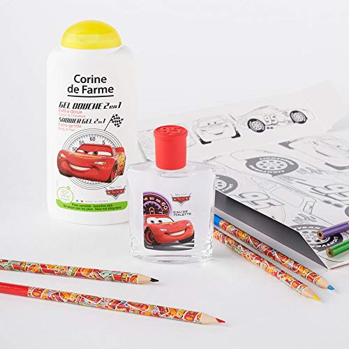Corine de Farme - Caja de regalo | Cars de Disney | Perfume infantil de 50 ml | Gel de ducha infantil de 250 ml | dibujos para niños | lápices de colores | Fabricada en Francia