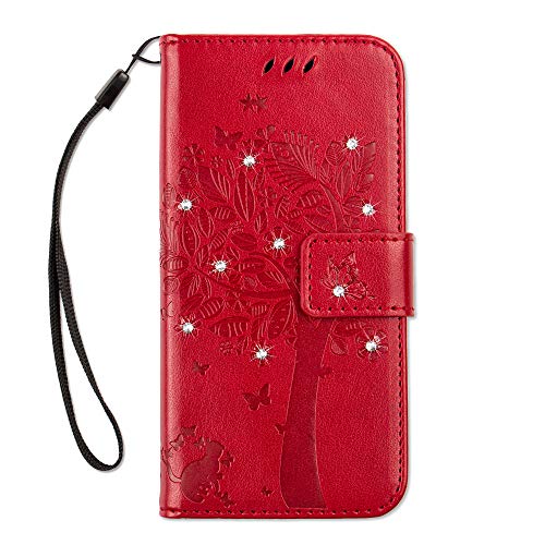 COTDINFOR Funda para Motorola Moto G4 Caso Flip Cierre Magnético Elegante Suave PU Cuero Cover Anti-arañazo Carcasas para Moto G4 Red Wishing Tree with Diamond KT.