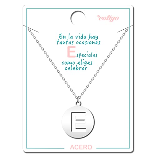 Cotigo - Collar Letra E acero inoxidable - Colgante letra inicial A-Z - Collar mujer – Cadena con dije letras - Regalo personalizado para mujer, niña, mejor amiga (E-Plateado)