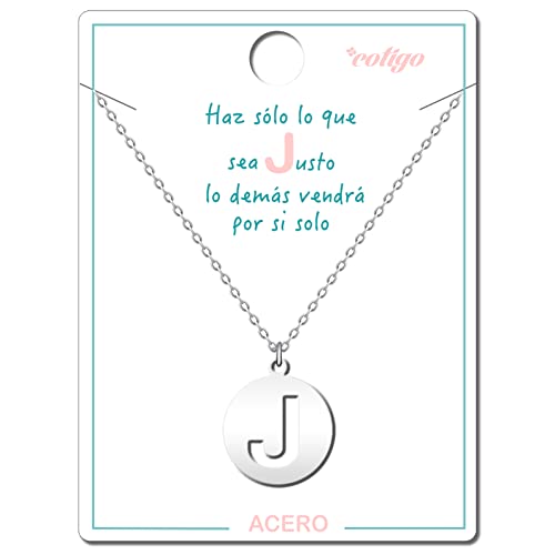 Cotigo - Collar Letra J acero inoxidable - Colgante letra inicial A-Z - Collar mujer – Cadena con dije letras - Regalo personalizado para mujer, niña, mejor amiga (J-Plateado)