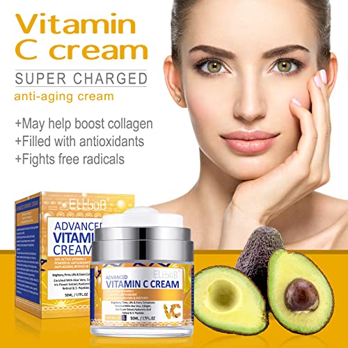 Crema Hidratante con Vitamina C para todo tipo de piel con 20 % de vitamina C: aumenta el colágeno de la piel, hidrata y rellena la piel, crema facial antienvejecimiento y antiarrugas