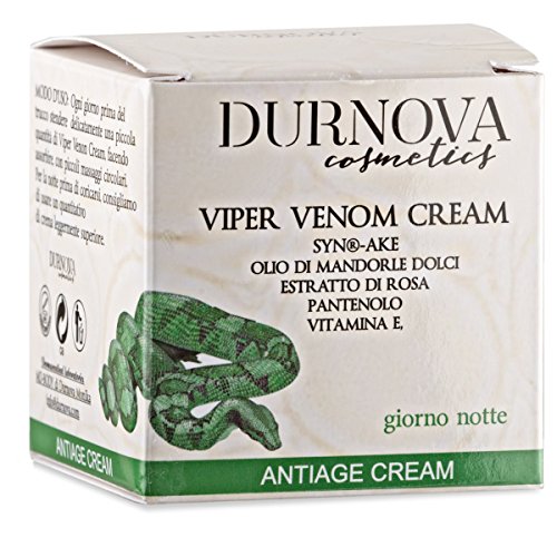 Crema natural de veneno de víbora, aceite de almendras dulces, vitamina E, ácido hialurónico, arginina, hidrolato de rosa damascena.50 ml. Fabricado en Italia