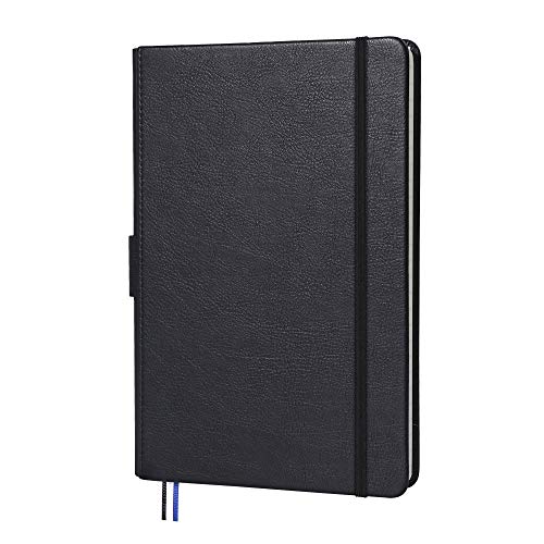 Cuaderno de puntos, diario con papel premium de 100 g/m², con soporte para bolígrafo, piel negra, 3 marcadores de cinta, bolsillo interior, 13,3 x 21 cm