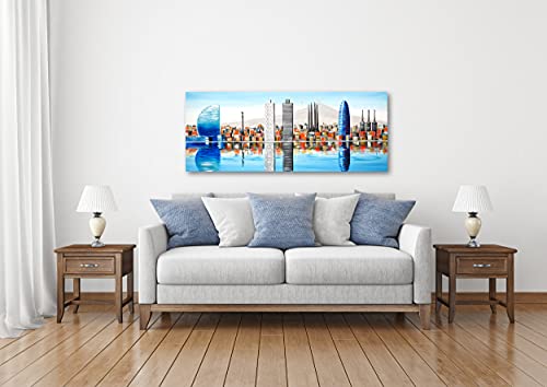 Cuadro Pintado Skyline de Barcelona Azul 150x60 cm, Torre Agbar, Colón, Tibidabo, Sagrada Familia.100% Original sobre Lienzo, Pintado a Mano
