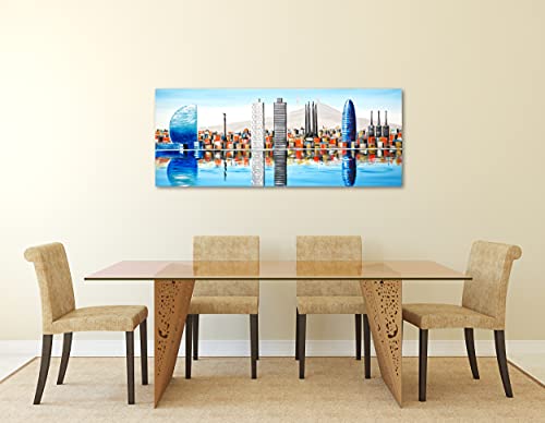 Cuadro Pintado Skyline de Barcelona Azul 150x60 cm, Torre Agbar, Colón, Tibidabo, Sagrada Familia.100% Original sobre Lienzo, Pintado a Mano