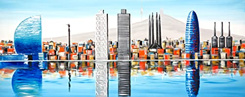 Cuadro Pintado Skyline de Barcelona Azul 150x60 cm, Torre Agbar, Colón, Tibidabo, Sagrada Familia.100% Original sobre Lienzo, Pintado a Mano