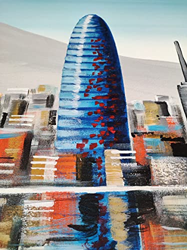 Cuadro Pintado Skyline de Barcelona Azul 150x60 cm, Torre Agbar, Colón, Tibidabo, Sagrada Familia.100% Original sobre Lienzo, Pintado a Mano