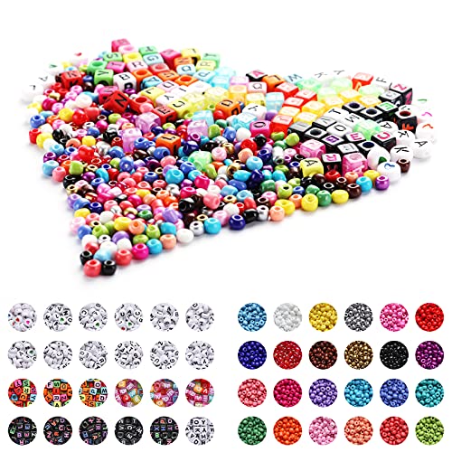 Cuentas de Colores letras Pulseras，Cuentas de Colores para Hacer Collares Pulseras,3800pc Cuentas de Colores Mini Cuentas y 1200pc Abalorios Letras Kit Bisutería para Regalo DIY 5000 Piezas (A)