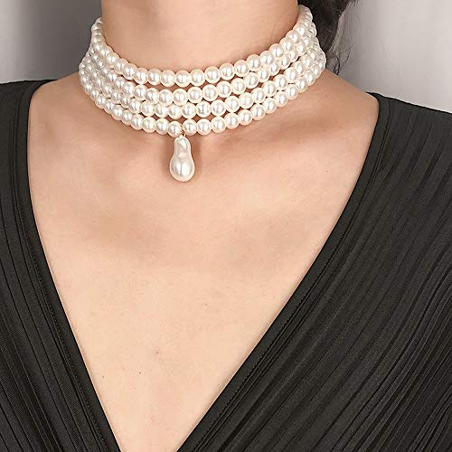 Daimay Gargantillas de Perlas simuladas Collar de Perlas Multicapa múltiples Hilos Llamativo Gargantilla Nupcial para la joyería del Banquete de Boda Flapper de los años 20 para Fiesta Redondo