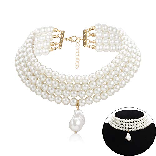 Daimay Gargantillas de Perlas simuladas Collar de Perlas Multicapa múltiples Hilos Llamativo Gargantilla Nupcial para la joyería del Banquete de Boda Flapper de los años 20 para Fiesta Redondo