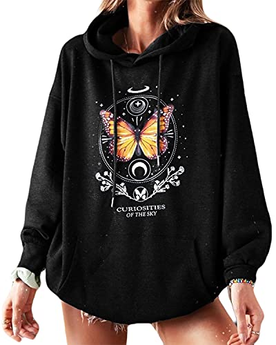 datasy Sudadera Mujer con Capucha Estampada Mariposas Juvenil Hoodie Chicas Deporte Vestido Sudaderas con Bolsillos Mujer Oversize Suelta Negro-M