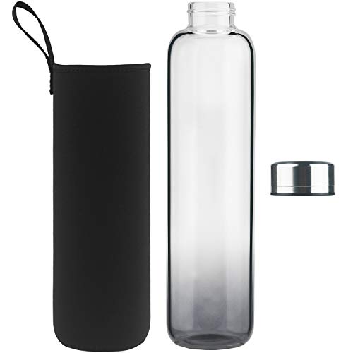 DEARRAY Botella de Agua de Cristal de Borosilicato Deportivo 1000ml / 1 Litro, Botella de Agua de Vidrio con Funda de Neopreno y Elegante Tapa de Acero Inoxidable